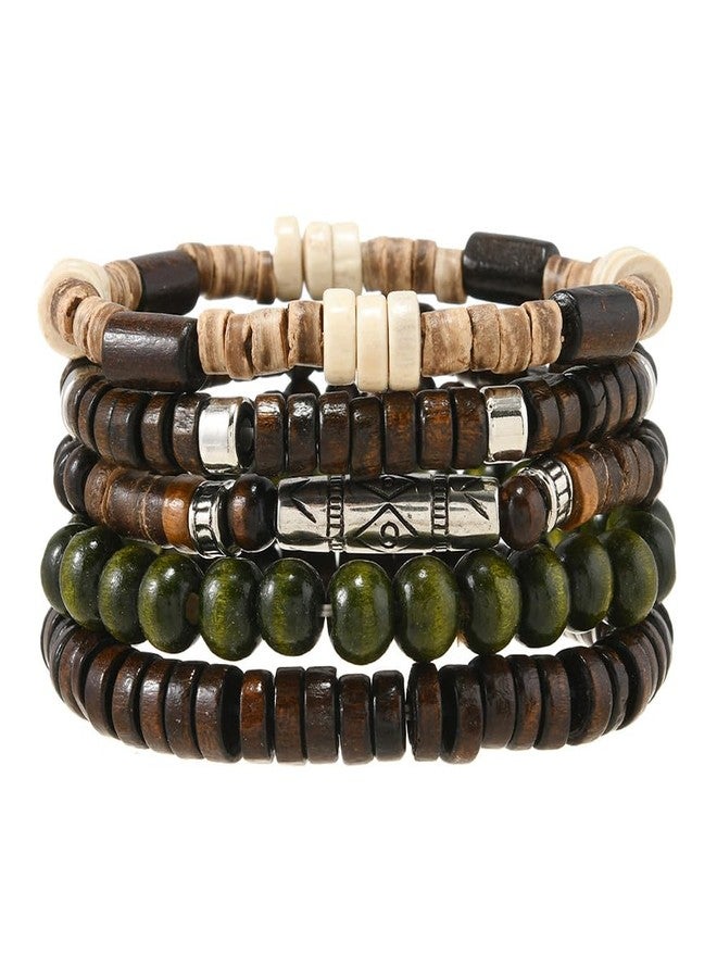 VKSG 5pcs Wooden Bead Bracelet Set For Men & Women - Stackable Boho Bracelets, Adjustable Grunge Wristbands-Funky Style, Father'S Day, Mother'S Day, Christmas, Birthdays, Thanksgiving Bracelets Gifts - Image 1